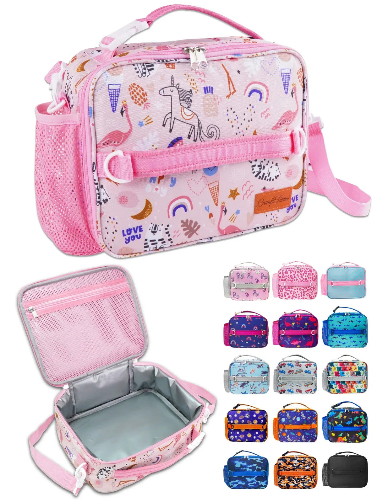 ComfiTime Lunch Bag for Kids – Insulated Lunch Box for Girls and Boys, Cute Reusable Cooler Bag with Zipper Pockets, Bottle Holder, Padded Handles and Shoulder Strap (Blue Camouflage)