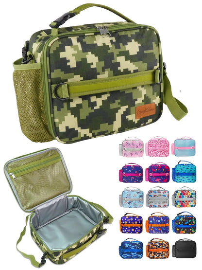 ComfiTime Lunch Bag for Kids – Insulated Lunch Box for Girls and Boys, Cute Reusable Cooler Bag with Zipper Pockets, Bottle Holder, Padded Handles and Shoulder Strap (Blue Camouflage)