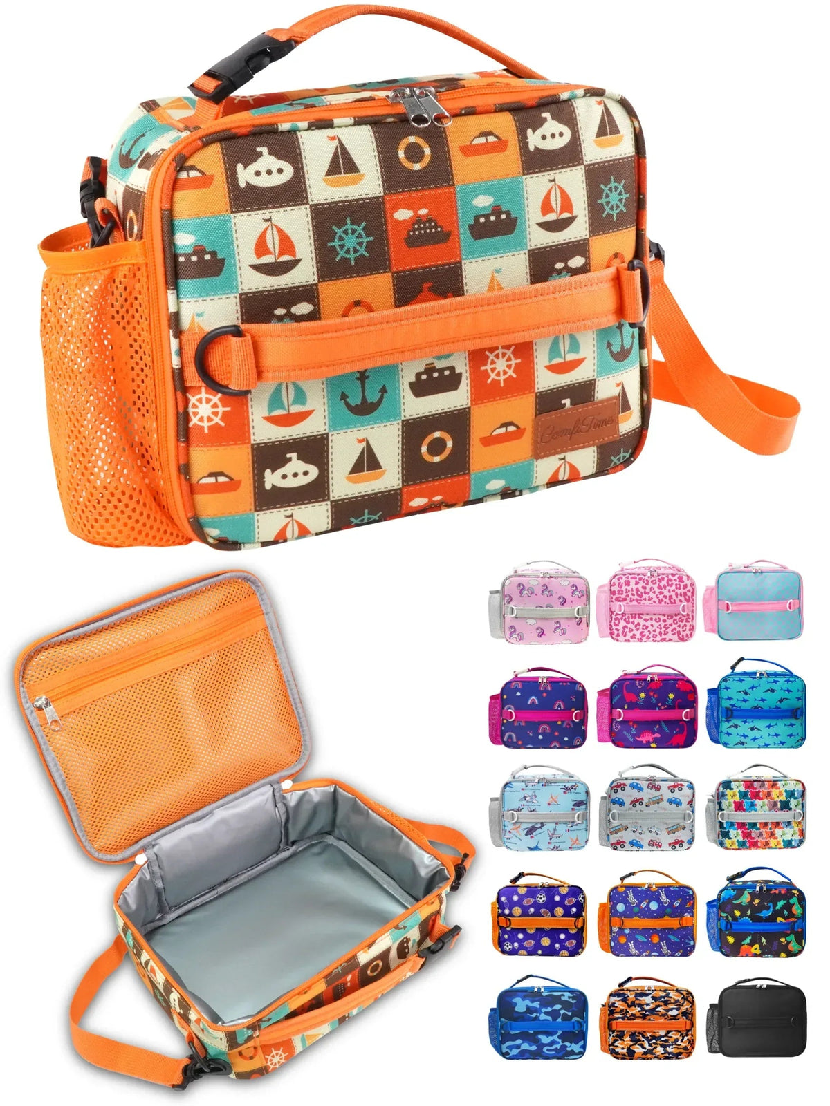 ComfiTime Lunch Bag for Kids – Insulated Lunch Box for Girls and Boys, Cute Reusable Cooler Bag with Zipper Pockets, Bottle Holder, Padded Handles and Shoulder Strap (Blue Camouflage)