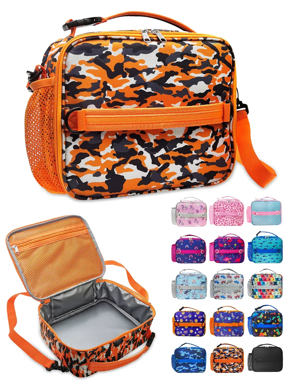 ComfiTime Lunch Bag for Kids – Insulated Lunch Box for Girls and Boys, Cute Reusable Cooler Bag with Zipper Pockets, Bottle Holder, Padded Handles and Shoulder Strap (Blue Camouflage)