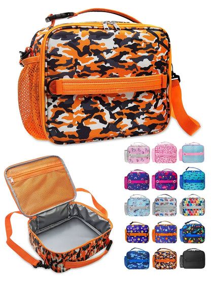 ComfiTime Lunch Bag for Kids – Insulated Lunch Box for Girls and Boys, Cute Reusable Cooler Bag with Zipper Pockets, Bottle Holder, Padded Handles and Shoulder Strap (Blue Camouflage)