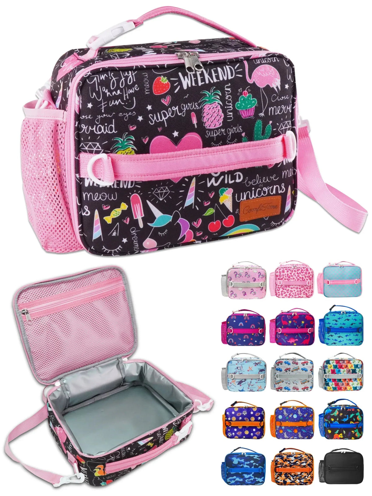 ComfiTime Lunch Bag for Kids – Insulated Lunch Box for Girls and Boys, Cute Reusable Cooler Bag with Zipper Pockets, Bottle Holder, Padded Handles and Shoulder Strap (Blue Camouflage)