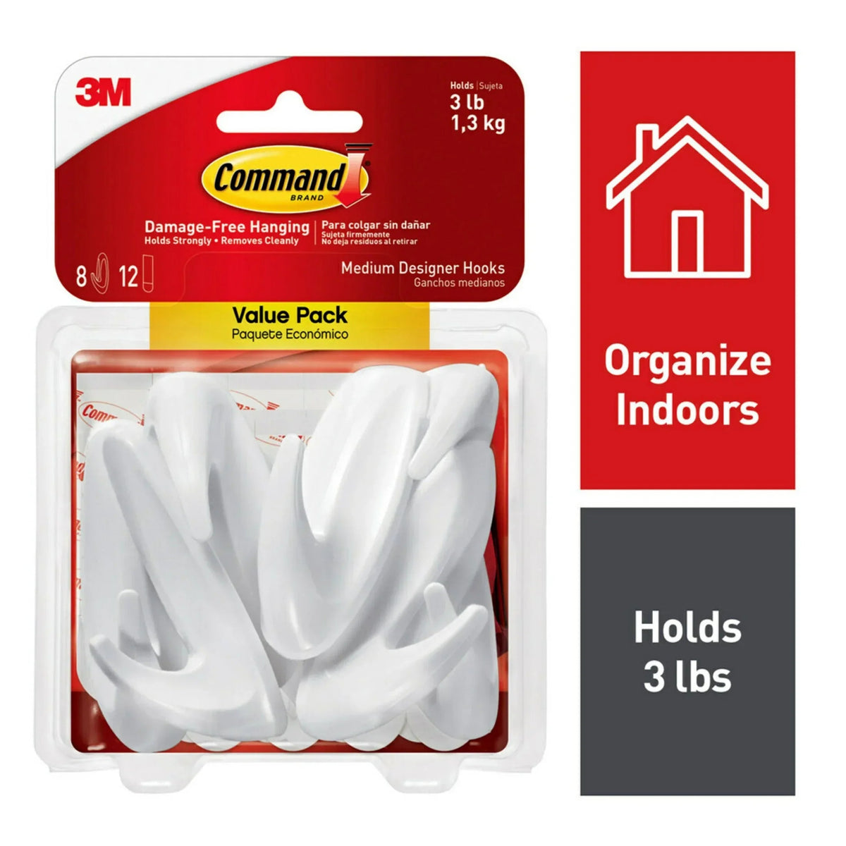 Command Medium Designer Hooks, White, 2 Wall Hooks