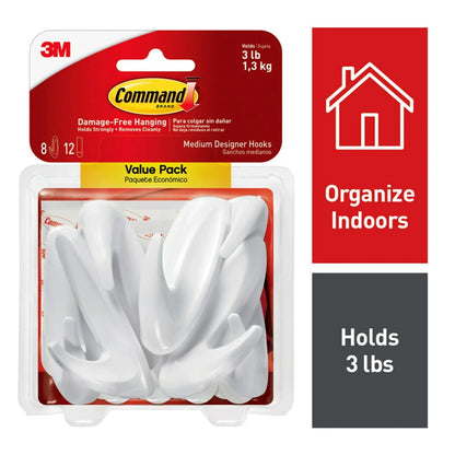Command Medium Designer Hooks, White, 2 Wall Hooks