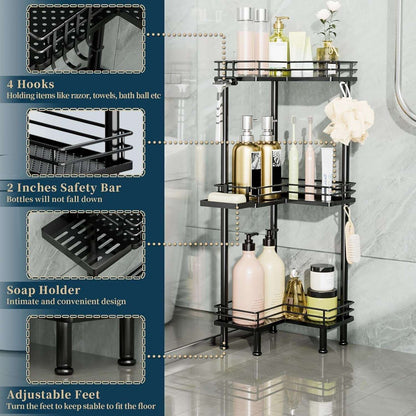 Consumest Corner Shower Caddy Standing - 3-Tier Stainless Steel Shower Organizer with Soap Holder and 4 Hooks, Large Capacity Corner Shelf Stand for Bathroom, Rest Room