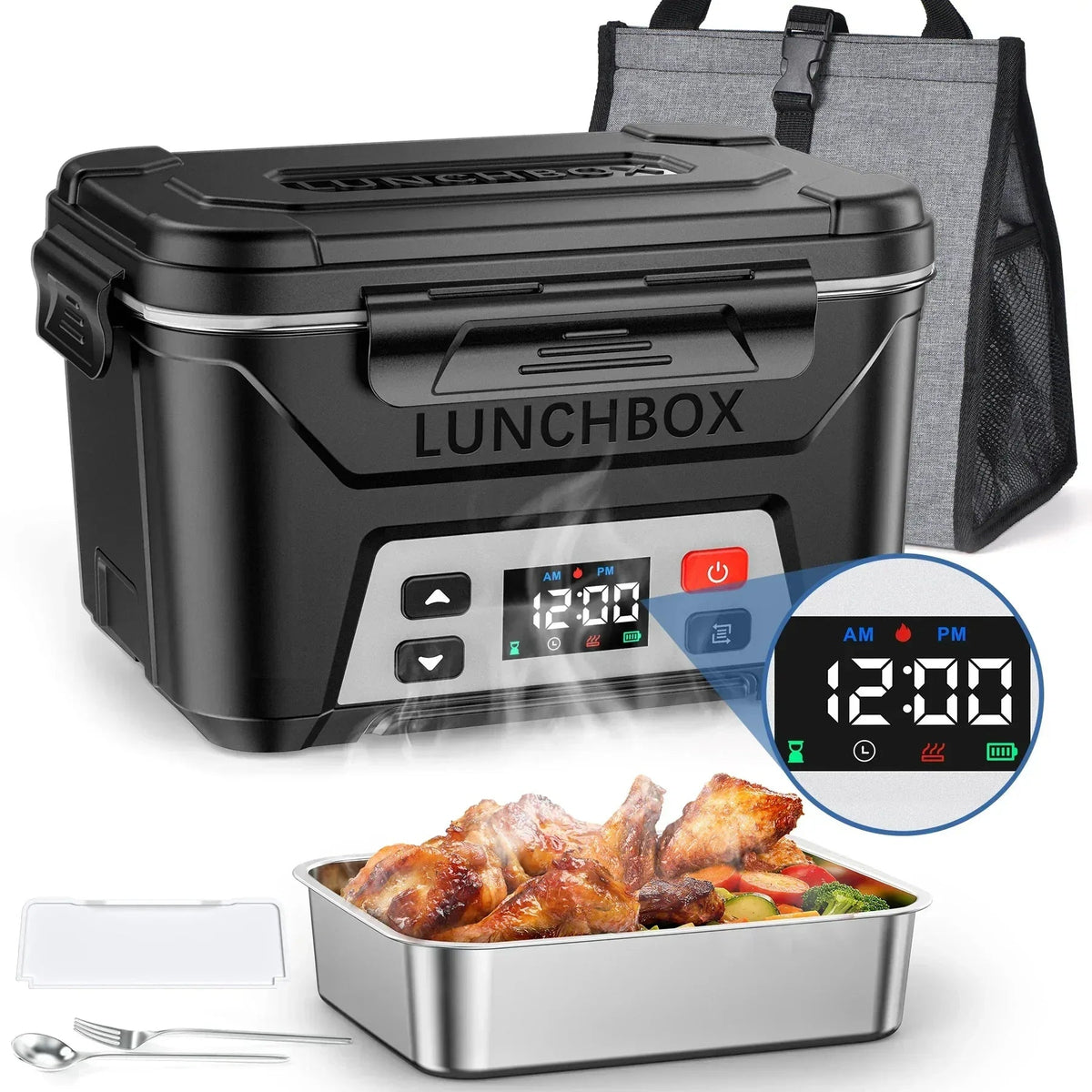Cordless Electric Lunch Box, Heated Lunch Box Battery Powered with Automatic Scheduled Heating, 5.5 Cups Capacity, with Removable Tray Divider, Dishwasher Safe, for Hot Meals Anywhere