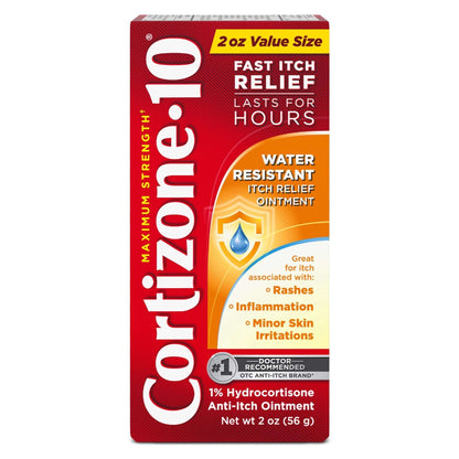 Cortizone-10 Maximum Strength Water Resistant Itch Relief Ointment, 1% Hydrocortisone, Fast-Acting, Anti-Itch Cream for Bug Bites, Rash, Eczema, Psoriasis, Poison Ivy, Oak, Sumac & More, 2 oz