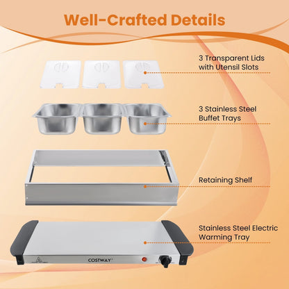 Costway Electric Buffet Server Food Warmer with 3 Removable Trays Adjustable Tempered