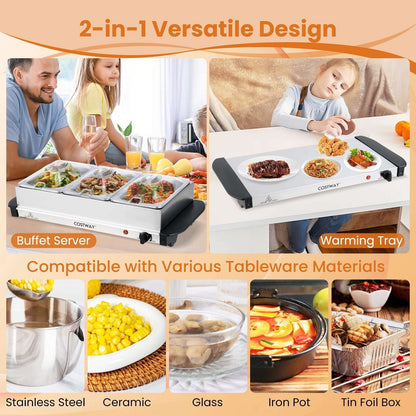 Costway Electric Buffet Server Food Warmer with 3 Removable Trays Adjustable Tempered