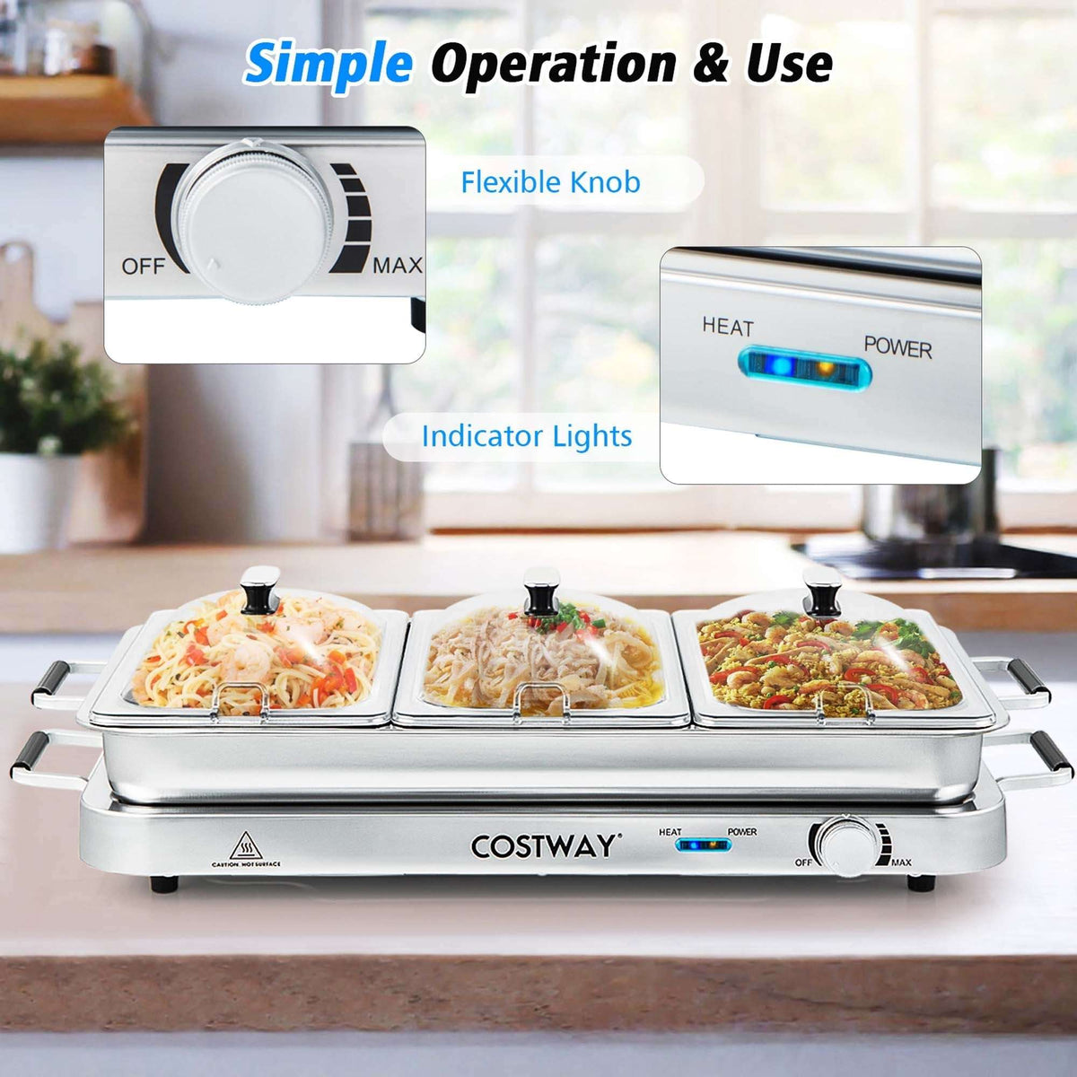 Costway Electric Buffet Server Food Warmer with 3 Removable Trays Adjustable Tempered