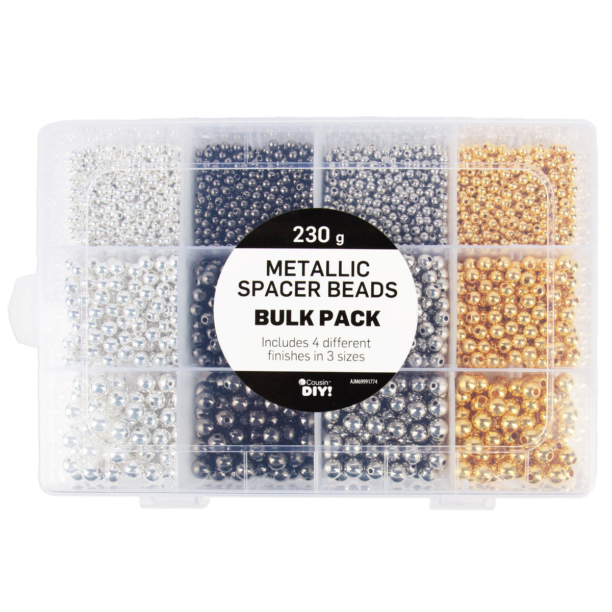 Cousin DIY 3600-Piece Metallic Spacer Bead Assortment with Case – 4mm, 6mm & 8mm Silver and Gold Beads for Jewelry Making
