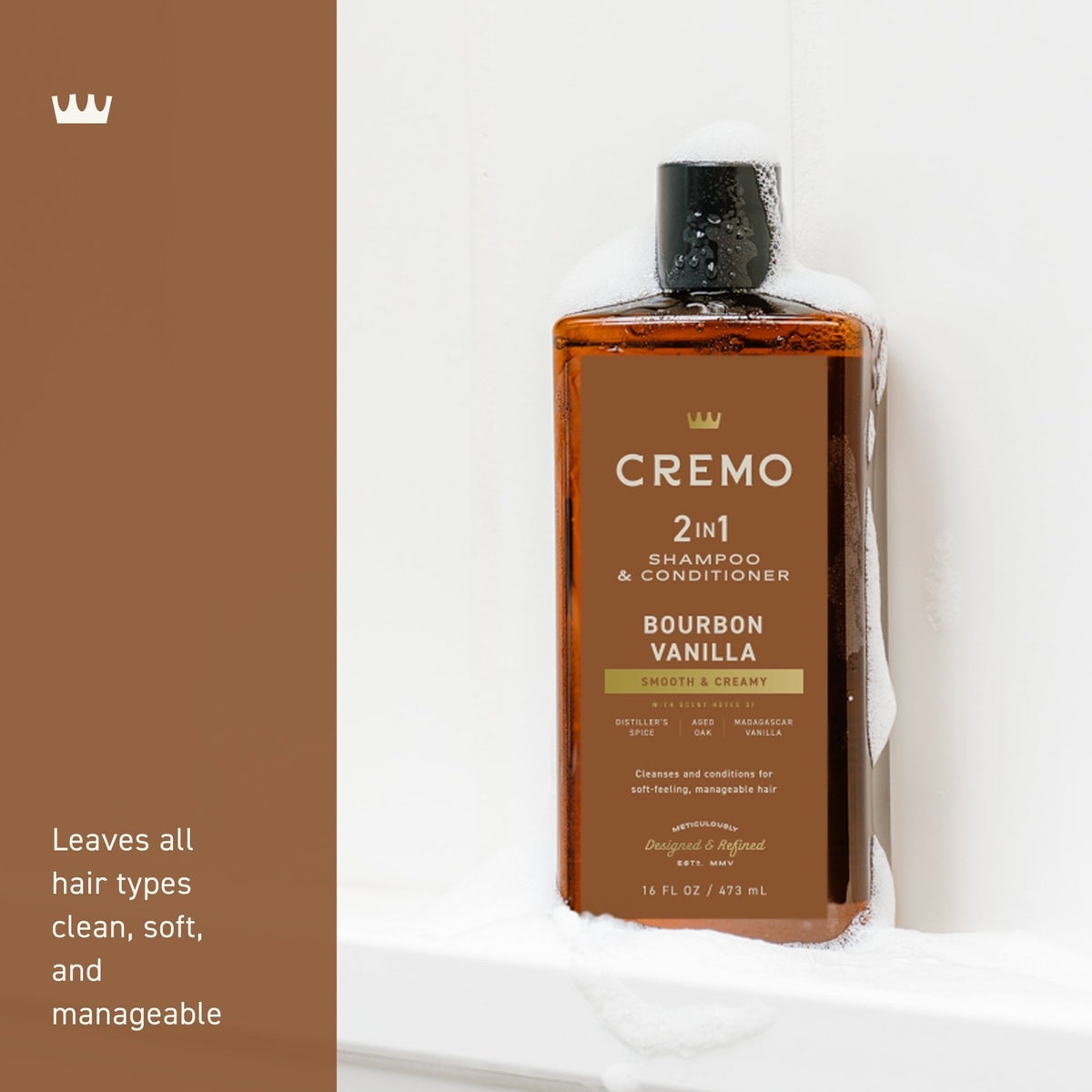 Cremo 2-in-1 Men's Shampoo & Conditioner, Bourbon Vanilla Scent, 16 fl oz