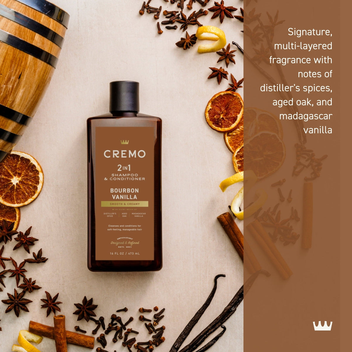 Cremo 2-in-1 Men's Shampoo & Conditioner, Bourbon Vanilla Scent, 16 fl oz