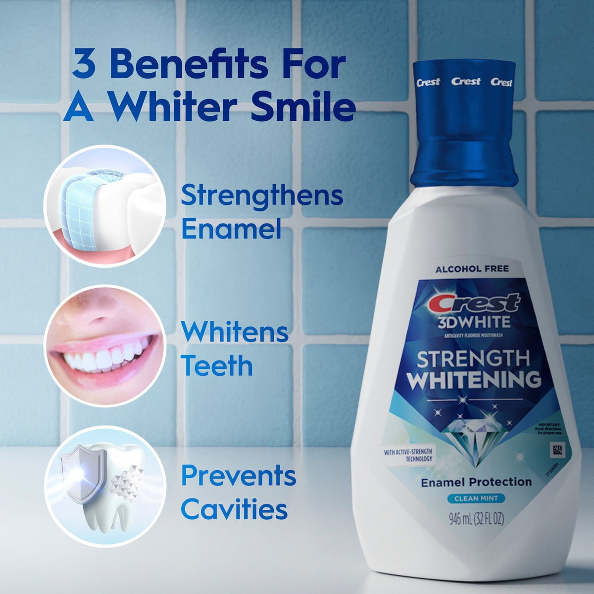Crest 3D White Strength Whitening Mouthwash, Clean Mint, 32 fl. oz., 2 pk. (PACK OF 3 )