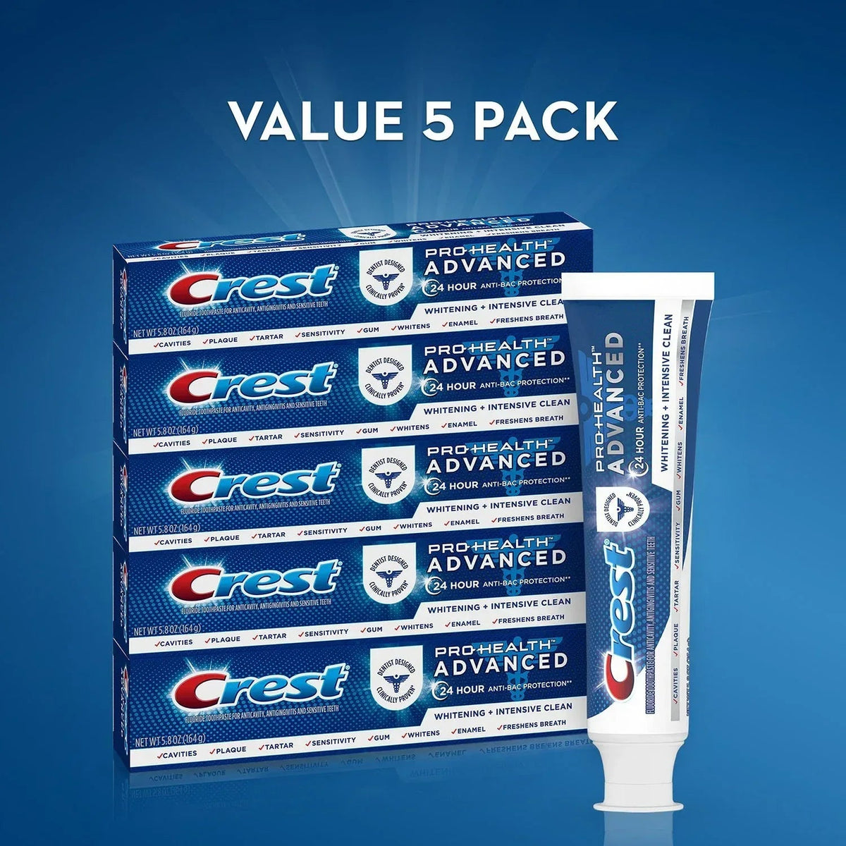 Crest Pro-Health Advanced Whitening + Intensive Clean Toothpaste, 5.8 oz., 5 pk.
