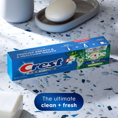 Crest Toothpaste, Premium Plus Scope Outlast Fluoride Toothpaste, Mint, 5.2 oz, 3 pack