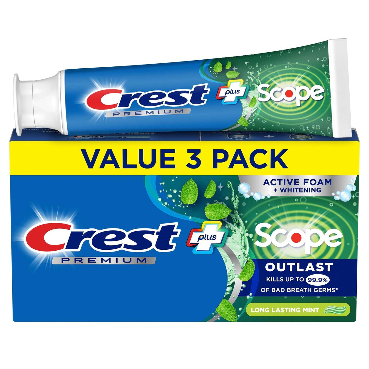Crest Toothpaste, Premium Plus Scope Outlast Fluoride Toothpaste, Mint, 5.2 oz, 3 pack