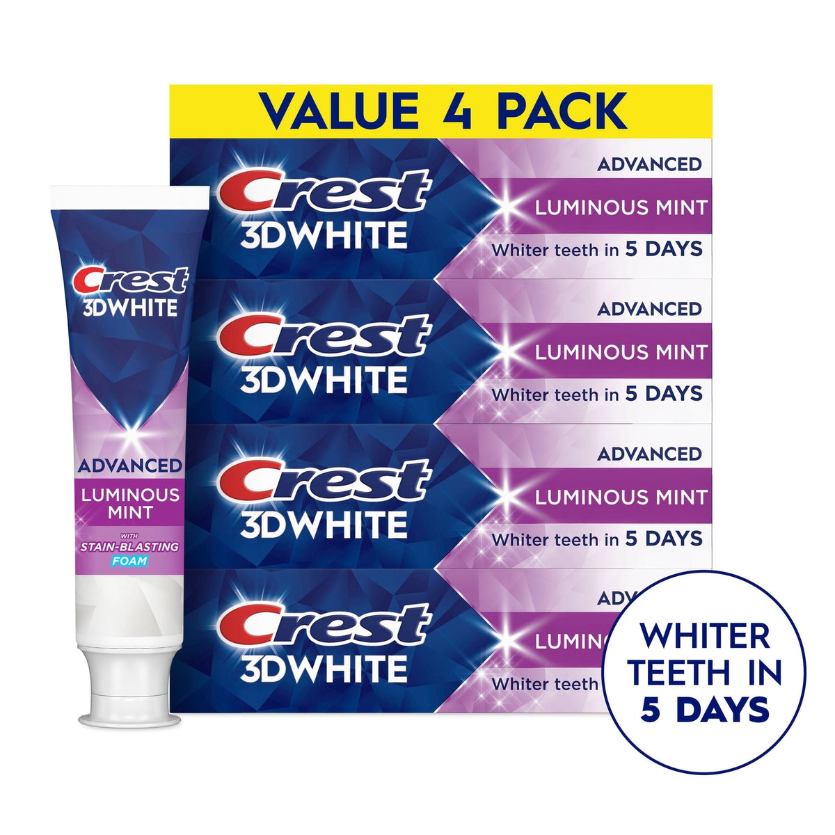 Crest Toothpaste, 3DWhite Advanced, Luminous Mint, 3.7 oz, Pack of 4