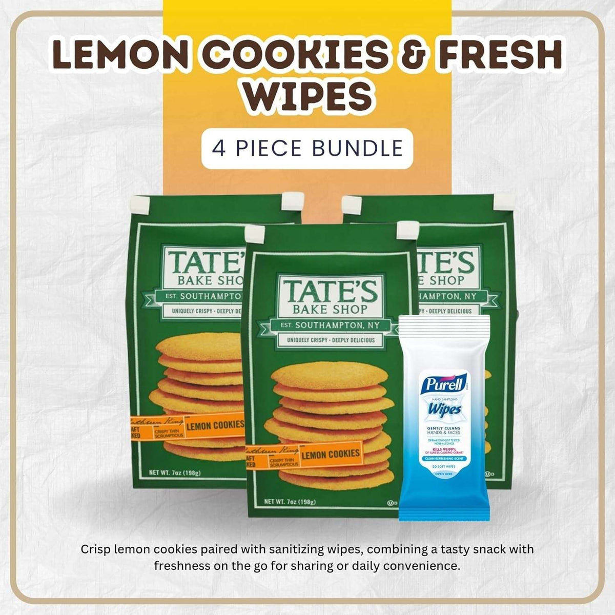 Tate’s Bake Shop Lemon Cookies Bundle with Hand Sanitizing Wipes, Crispy Thin Kosher, 3 x 7 oz + 20 Count Wipes (4 Items)