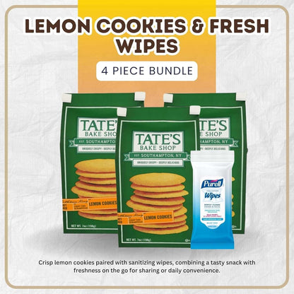 Tate’s Bake Shop Lemon Cookies Bundle with Hand Sanitizing Wipes, Crispy Thin Kosher, 3 x 7 oz + 20 Count Wipes (4 Items)