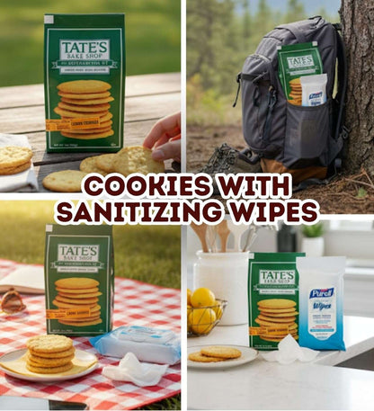 Tate’s Bake Shop Lemon Cookies Bundle with Hand Sanitizing Wipes, Crispy Thin Kosher, 3 x 7 oz + 20 Count Wipes (4 Items)