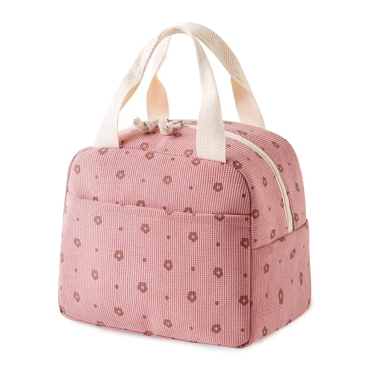 Cute Corduroy Lunch Bag for Women Men, Insulated Lunch Box Tote Bag Reusable Leakproof Bento Cooler Bag for Work Picnic Travel (Black Floral Beige)