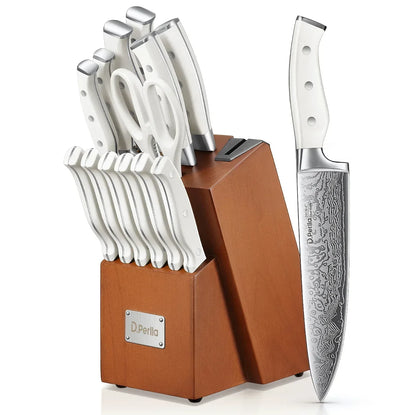 D.Perlla Knife Set, 14 Pcs Kitchen Knives Set with Built-in Sharpener, Stainless Steel Knife Set with Block