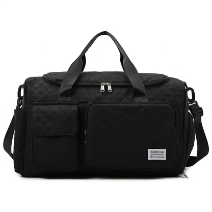 DAKIMOE Travel Duffle Bag for Women Men, Weekender Bags Carry on Gym Bag with Wet Pocket/Adjustable Strap/Shoe Compartment, Foldable Waterproof Overnight Tote Bag for Plane Sports Dance, Black
