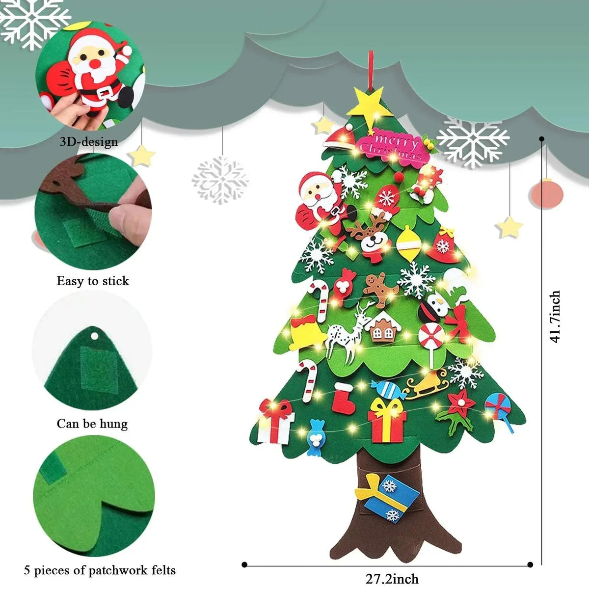 DIY Lighted Felt Christmas Tree Set with Ornaments for Kids, My First Christmas Tree for Toddlers, Xmas Gifts 3.5ft 33 Ornaments Wall Hanging, New Year Door Wall Hanging Decorations