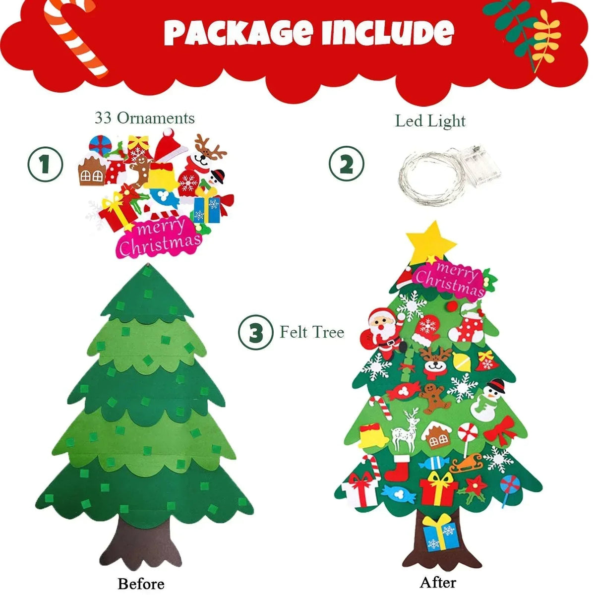 DIY Lighted Felt Christmas Tree Set with Ornaments for Kids, My First Christmas Tree for Toddlers, Xmas Gifts 3.5ft 33 Ornaments Wall Hanging, New Year Door Wall Hanging Decorations