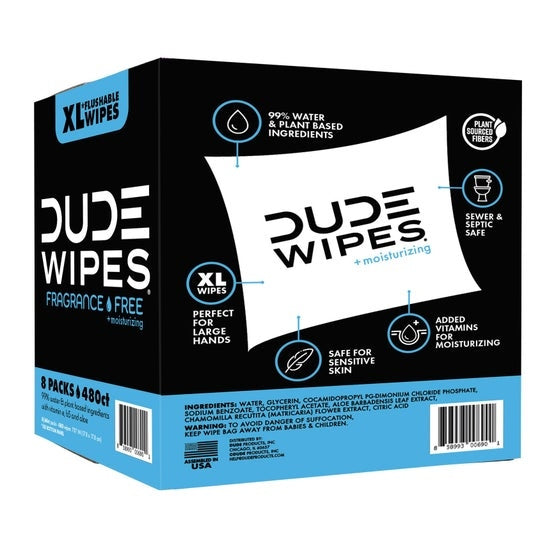 DUDE Wipes Fragrance-Free + Moisturizing XL Flushable Wipes, 480 Wipes