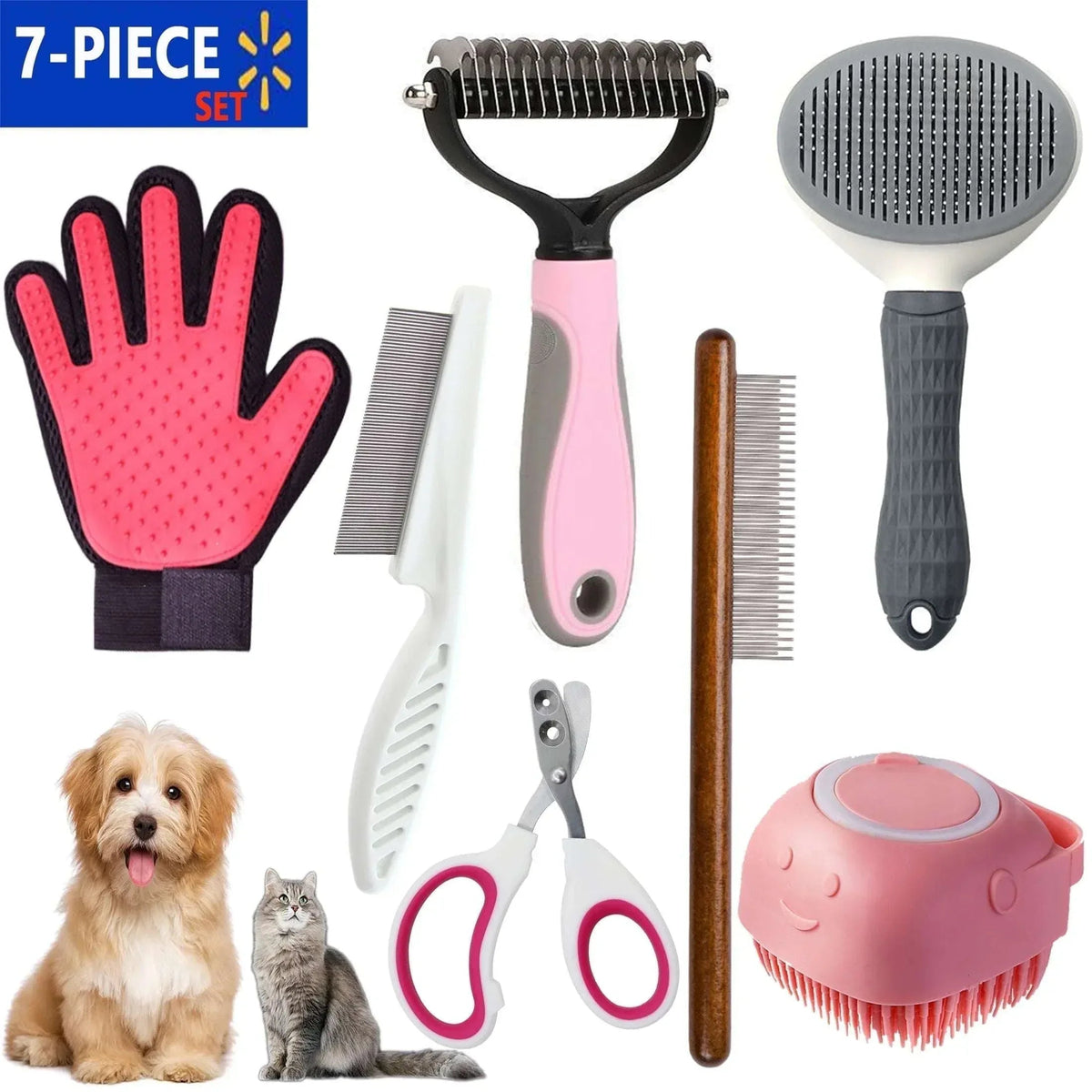 DXIMRX 7 Pcs Cat Dog Brush Grooming Kits, Best Combo Brush for Dogs Cats, Blue