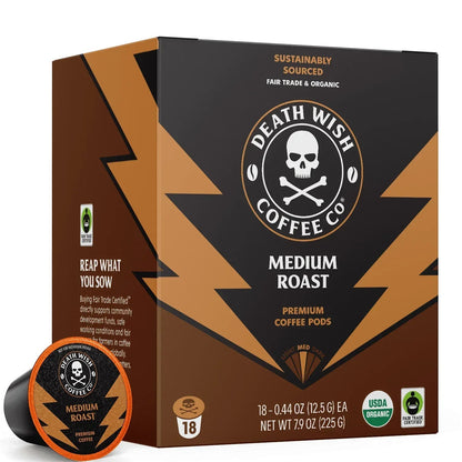 Death Wish Coffee, Organic and Fair Trade, Medium Roast, Single-Serve Coffee Pods, 18 Count