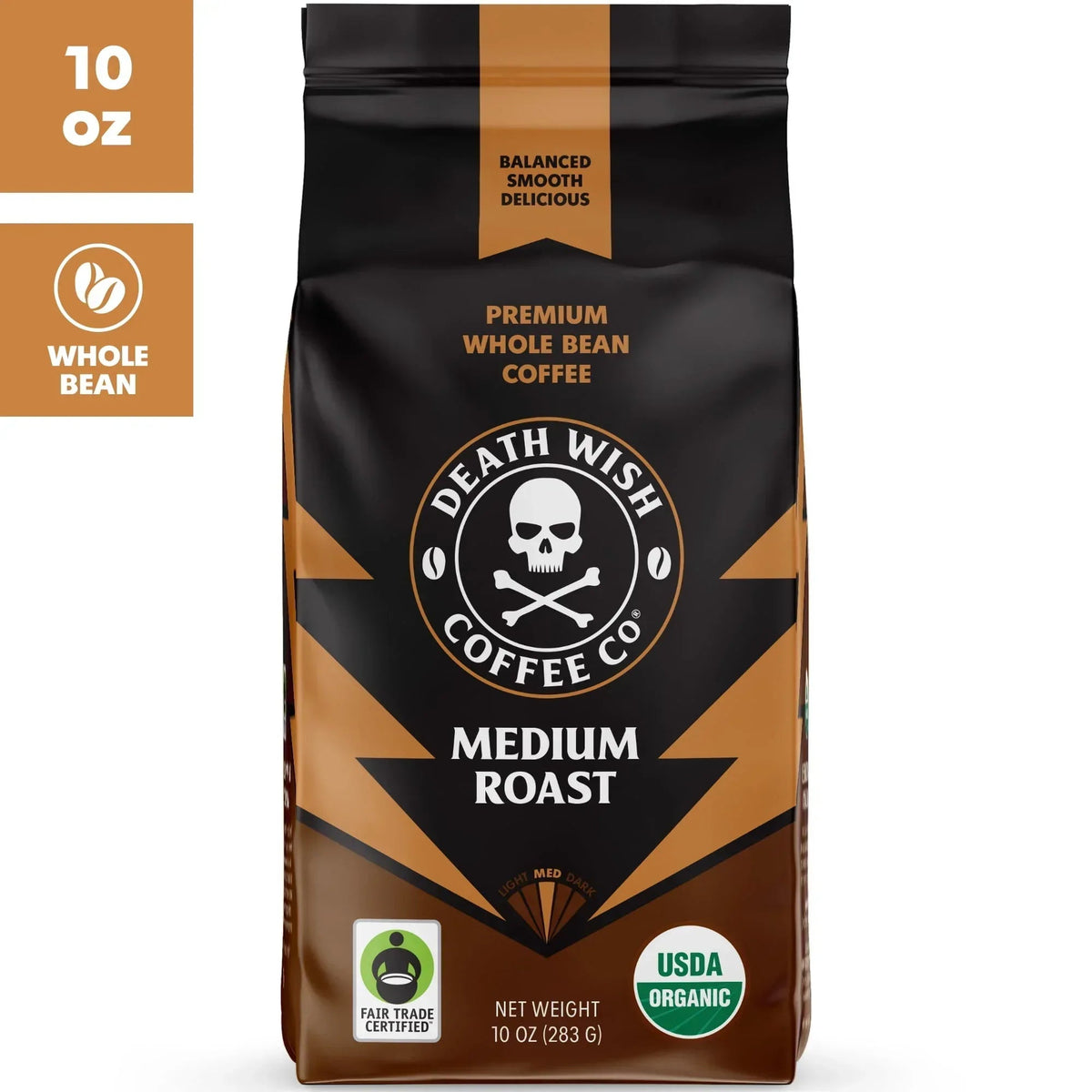 Death Wish Coffee, Organic and Fair Trade, Medium Roast, Whole Bean Coffee, 10 oz