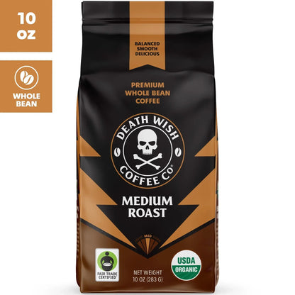 Death Wish Coffee, Organic and Fair Trade, Medium Roast, Whole Bean Coffee, 10 oz