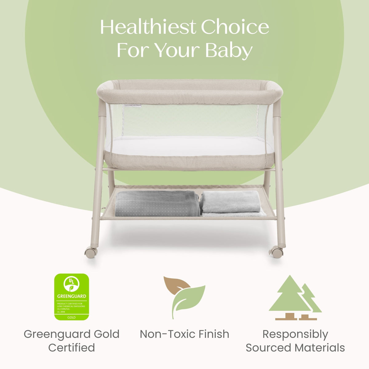 Delta Children Haven AirFlow Bassinet with Breathable Mesh and Wheels, Tan