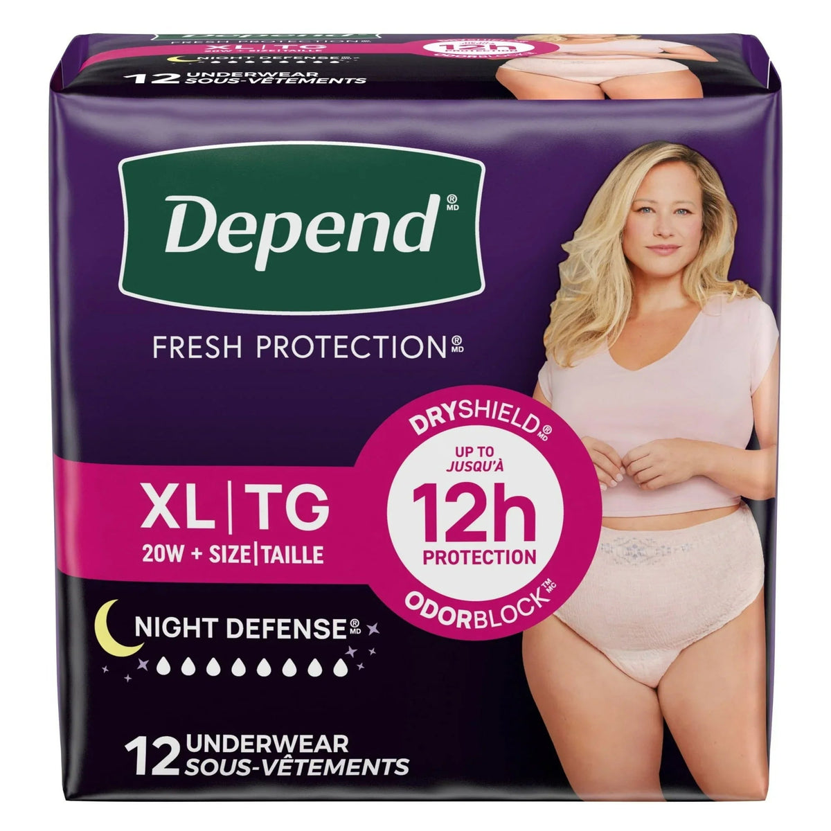 Depend Night Defense Incontinence Underwear for Women, Adult Diapers, XL, 12 Count