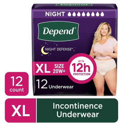 Depend Night Defense Incontinence Underwear for Women, Adult Diapers, XL, 12 Count