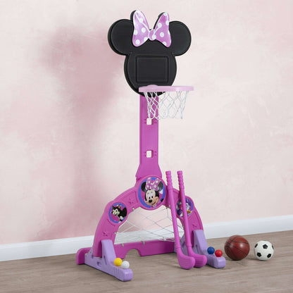 Disney Minnie Mouse 4-in-1 Sports Center – Adjustable Basketball Hoop, Soccer/Hockey Net & Golf, Pink