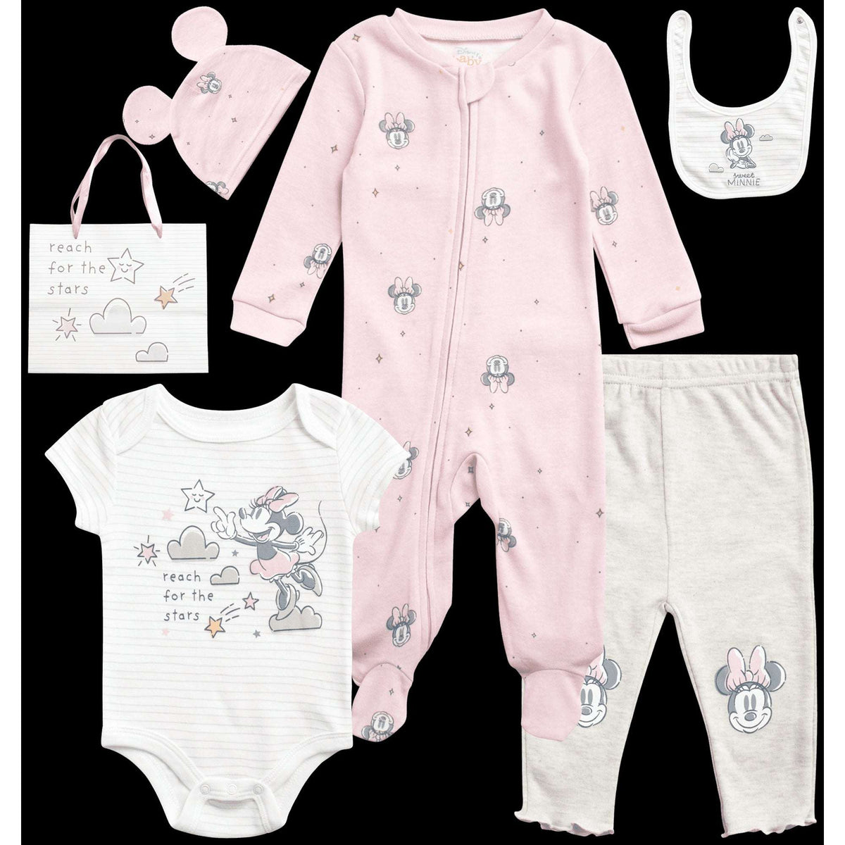 Disney Newborn Baby Layette Set - 6 Piece Disney Bodysuit Coveralls Sweatpants, Hat, Gift Bag (0-6M)