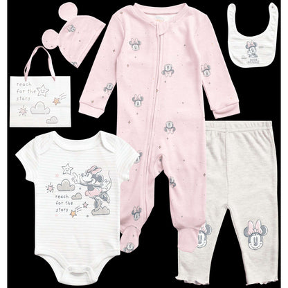 Disney Newborn Baby Layette Set - 6 Piece Disney Bodysuit Coveralls Sweatpants, Hat, Gift Bag (0-6M)