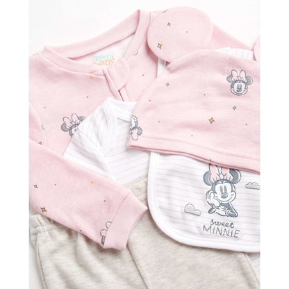 Disney Newborn Baby Layette Set - 6 Piece Disney Bodysuit Coveralls Sweatpants, Hat, Gift Bag (0-6M)