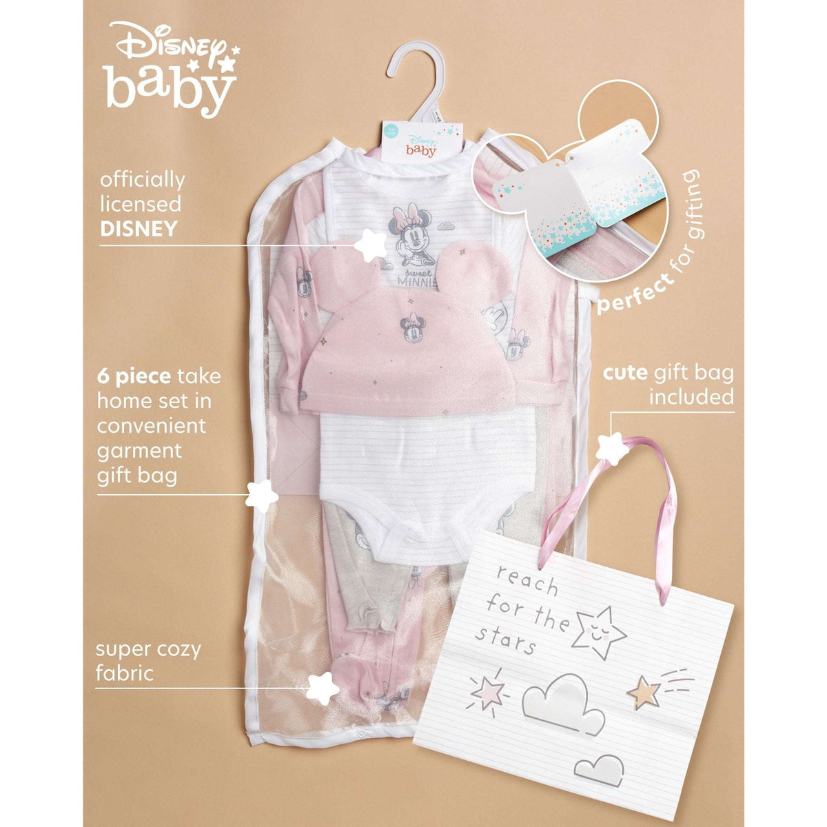 Disney Newborn Baby Layette Set - 6 Piece Disney Bodysuit Coveralls Sweatpants, Hat, Gift Bag (0-6M)