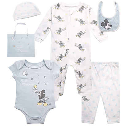 Disney Newborn Baby Layette Set - 6 Piece Disney Bodysuit Coveralls Sweatpants, Hat, Gift Bag (0-6M)