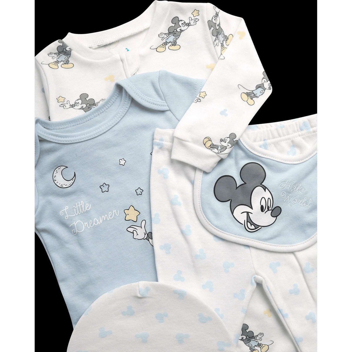 Disney Newborn Baby Layette Set - 6 Piece Disney Bodysuit Coveralls Sweatpants, Hat, Gift Bag (0-6M)
