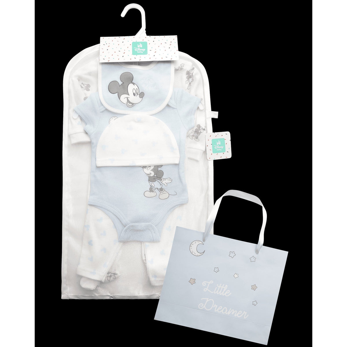 Disney Newborn Baby Layette Set - 6 Piece Disney Bodysuit Coveralls Sweatpants, Hat, Gift Bag (0-6M)