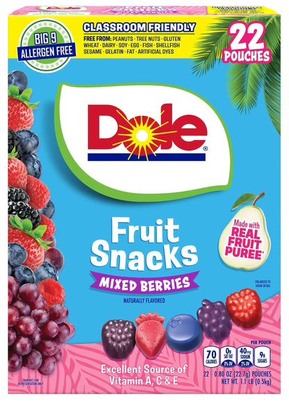 Dole Fruit Snacks, Mixed Berries Flavored, Big 9 Allergen Free, Dye Free, Gluten Free, Gelatin Free, Lunch Snacks 22 Count