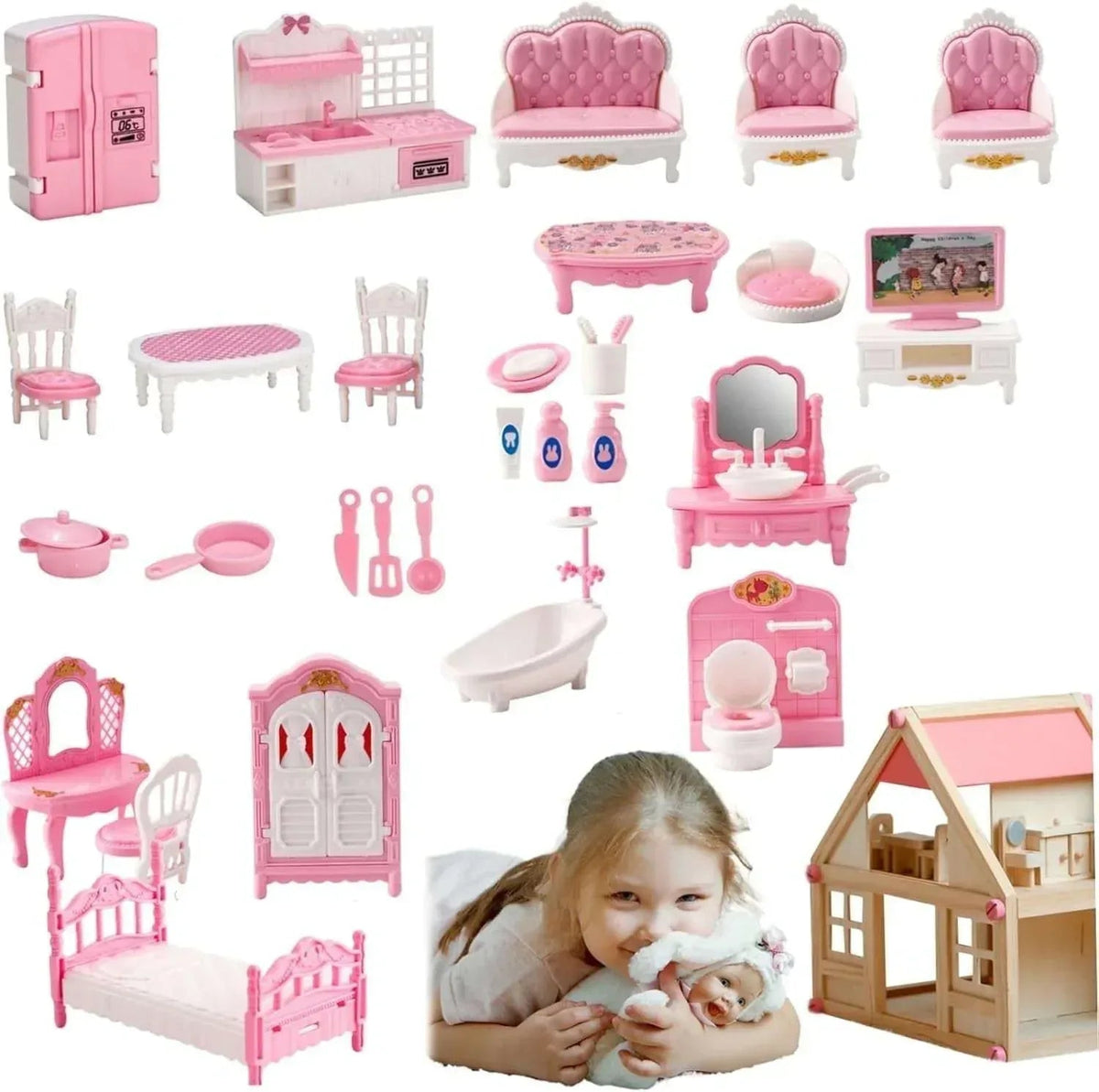 Dollhouse Furniture Set Accessories,Small Dollhouse Miniature Pretend Play Family Toys Gift,Toddler Boy Girl Kid 3Y+ Mini Bedroom/Livingroom/Bathroom/Kitchen