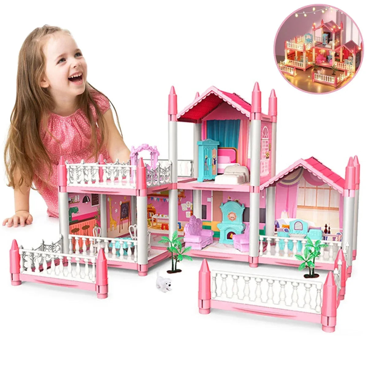 Dollhouse Play Toys Set, 5 Rooms Kids Dollhouse with Doll Toy Figure, Furniture and Accessories, Doll House Gift Toys for Kids Girls Ages 3 & Up, Pink
