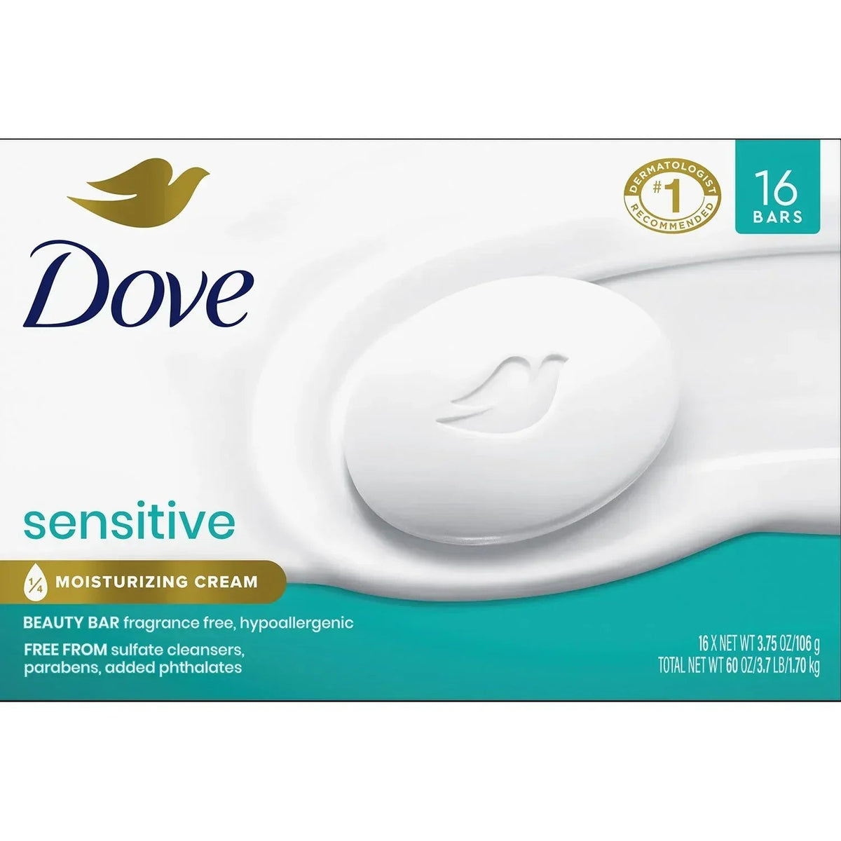 Dove Beauty Bar Soap, Sensitive Skin, 3.75 oz., 16 ct.